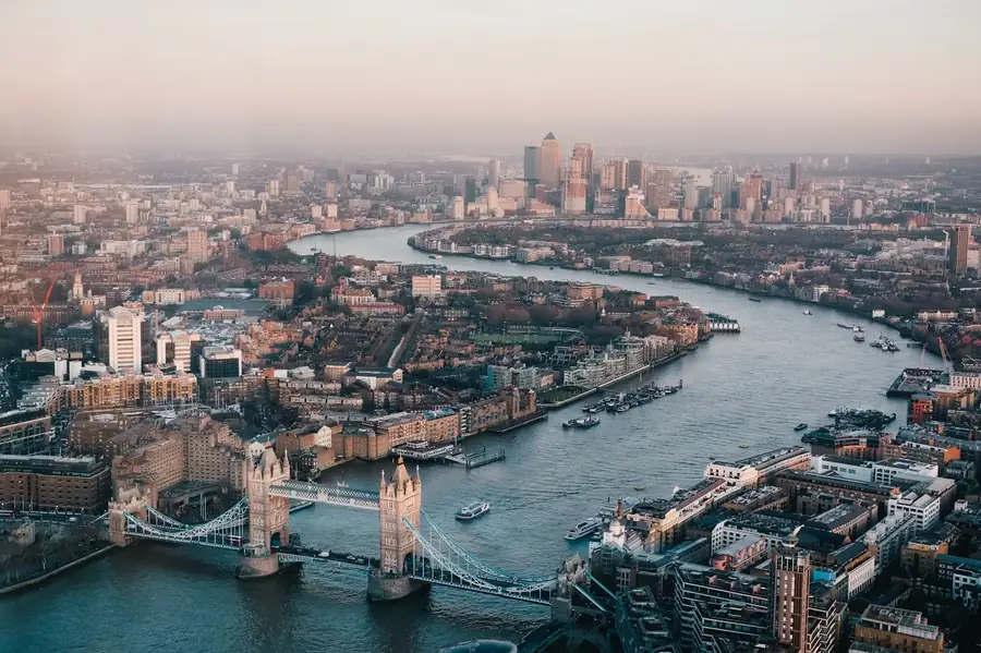 Aerial view of London with Tower Bridge and the Thames